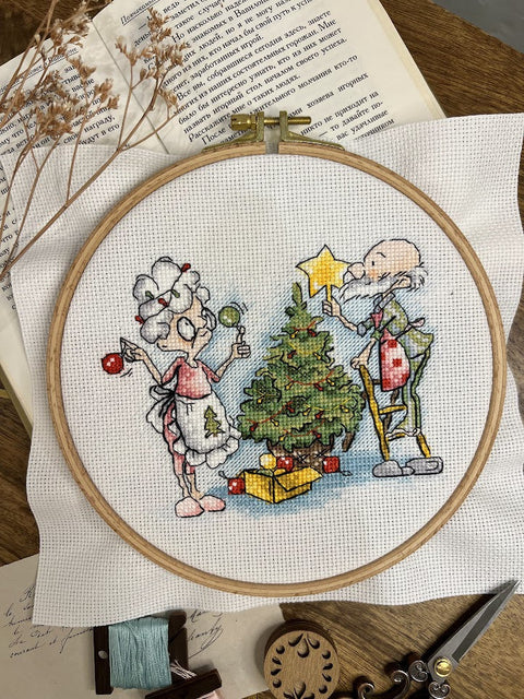 Cross Stitch Embroidery Kit, Grandmother and New Year Design, Andriana, 13.5 x 13.5 cm, Beginner-Friendly Needlepoint Project