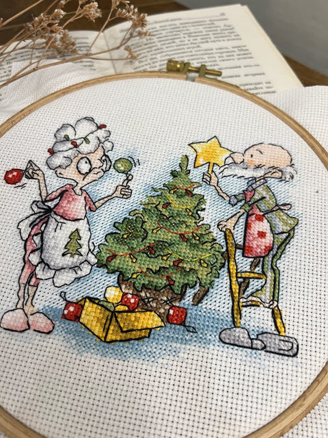 Cross Stitch Embroidery Kit, Grandmother and New Year Design, Andriana, 13.5 x 13.5 cm, Beginner-Friendly Needlepoint Project