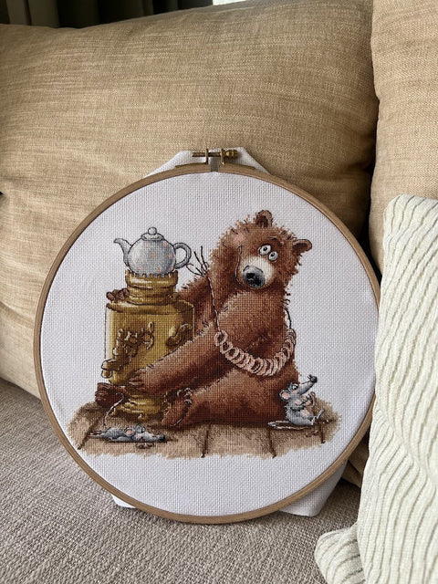 Tea Party Cross Stitch Kit, Multicolor Embroidery Set, 20 x 18.5 cm Finished Design, Andriana