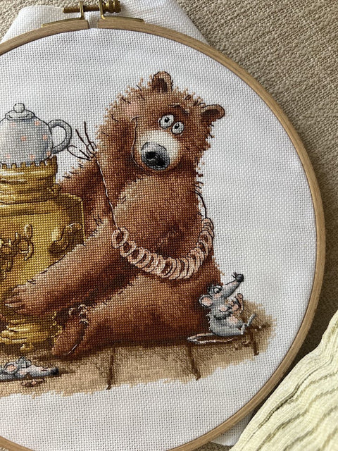 Tea Party Cross Stitch Kit, Multicolor Embroidery Set, 20 x 18.5 cm Finished Design, Andriana