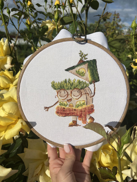 Cross Stitch Kit with House and Gardener Motif, Aida Fabric, Cotton Threads, Color Chart, Andriana Home Decor Craft Set