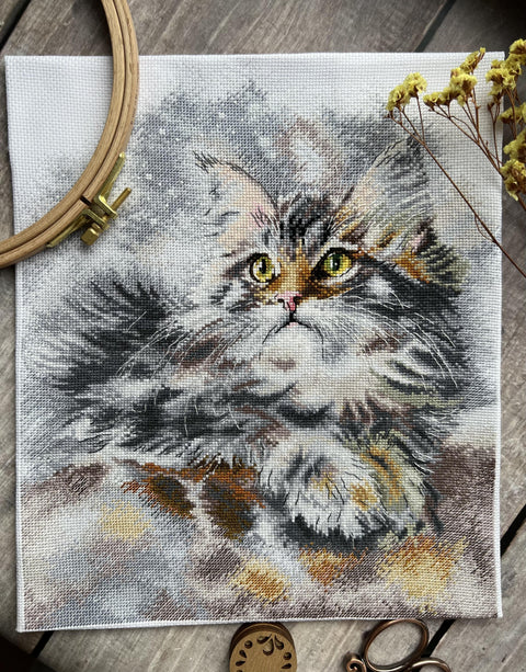 Cross Stitch Kit with Gray Cat Design, Andriana Embroidery Set for Relaxing Hobby and Wall Decor