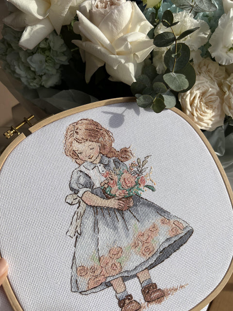 Spring Girl Cross Stitch Kit with Aida Cotton Fabric, Colored Threads, Needle, Pattern and Instructions by Andriana
