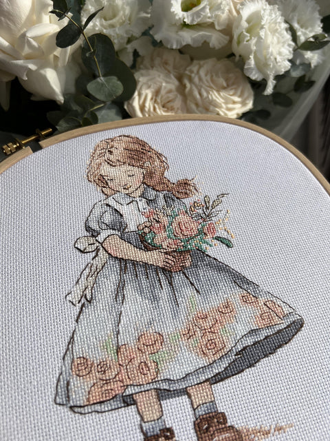 Spring Girl Cross Stitch Kit with Aida Cotton Fabric, Colored Threads, Needle, Pattern and Instructions by Andriana