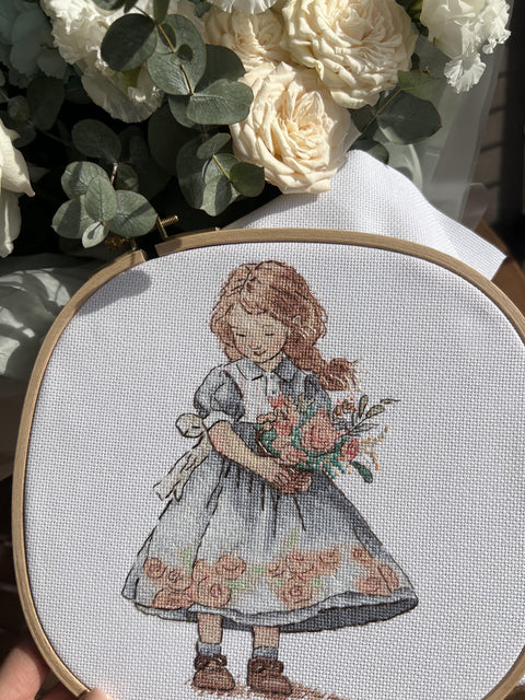 Spring Girl Cross Stitch Kit with Aida Cotton Fabric, Colored Threads, Needle, Pattern and Instructions by Andriana