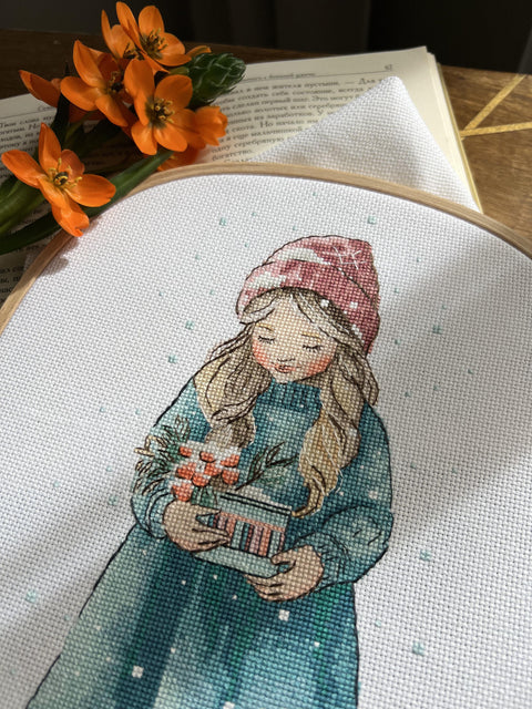 Cross Stitch Kit Winter Girl Design, Aida Fabric, Cotton Embroidery Floss, Needle, Color Chart and Instructions by Andriana