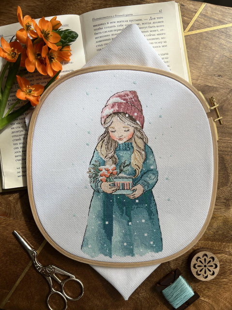 Cross Stitch Kit Winter Girl Design, Aida Fabric, Cotton Embroidery Floss, Needle, Color Chart and Instructions by Andriana