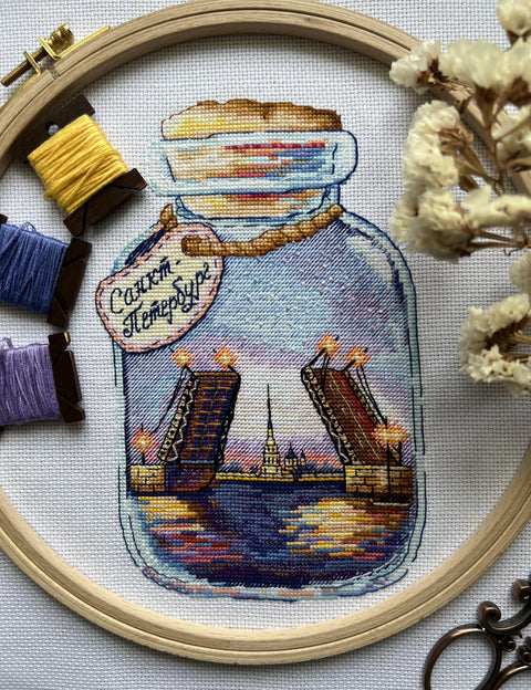 St. Petersburg Cross Stitch Kit, Cities in Bottles Design, Aida Cotton Canvas, Multicolor Embroidery, Andriana