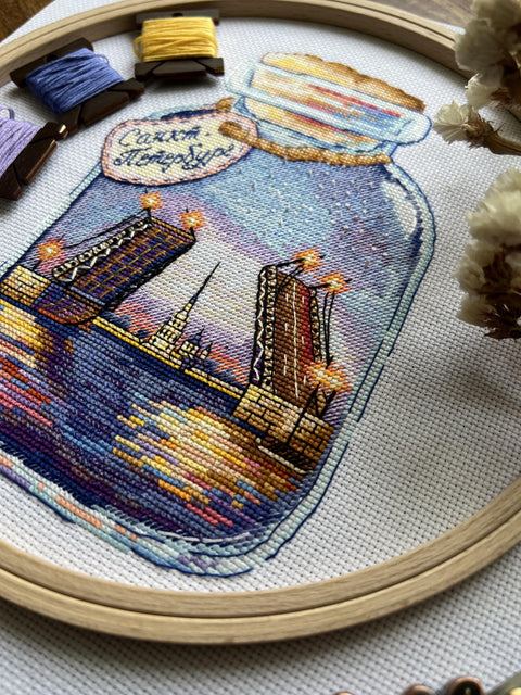 St. Petersburg Cross Stitch Kit, Cities in Bottles Design, Aida Cotton Canvas, Multicolor Embroidery, Andriana