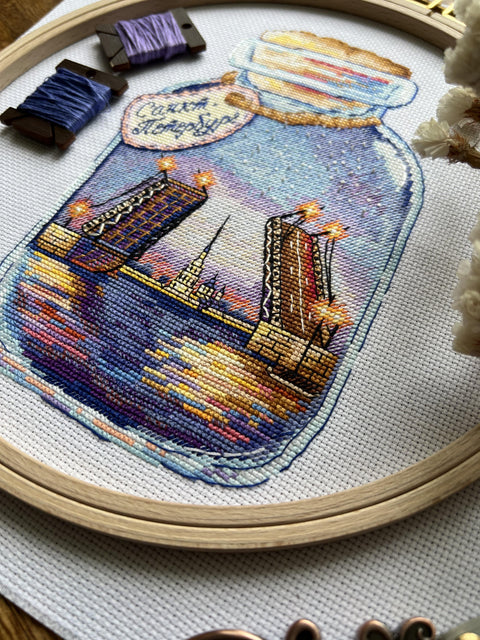 St. Petersburg Cross Stitch Kit, Cities in Bottles Design, Aida Cotton Canvas, Multicolor Embroidery, Andriana