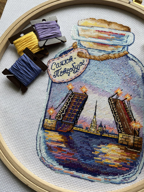St. Petersburg Cross Stitch Kit, Cities in Bottles Design, Aida Cotton Canvas, Multicolor Embroidery, Andriana