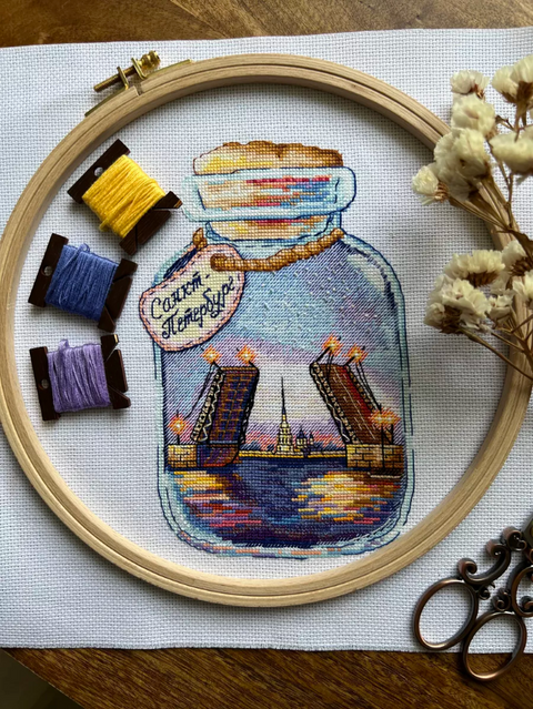 St. Petersburg Cross Stitch Kit, Cities in Bottles Design, Aida Cotton Canvas, Multicolor Embroidery, Andriana