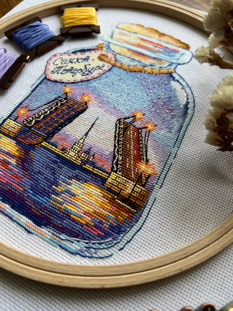 St. Petersburg Cross Stitch Kit, Cities in Bottles Design, Aida Cotton Canvas, Multicolor Embroidery, Andriana