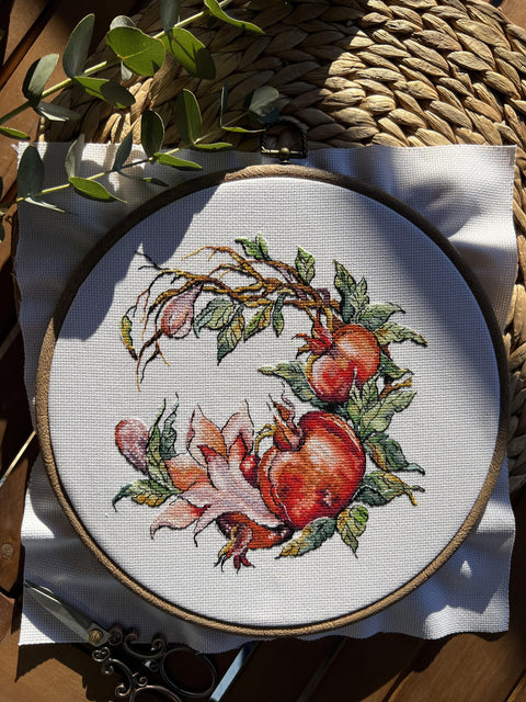 Cross Stitch Kit with Pomegranate Design, Aida Cotton Fabric, Cotton Threads, Needle, Pattern and Instructions, Andriana