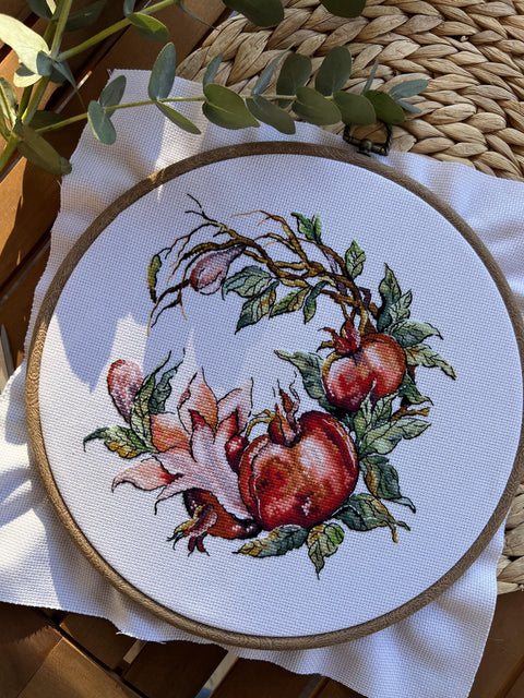 Cross Stitch Kit with Pomegranate Design, Aida Cotton Fabric, Cotton Threads, Needle, Pattern and Instructions, Andriana