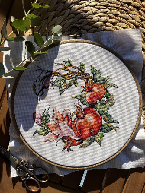 Cross Stitch Kit with Pomegranate Design, Aida Cotton Fabric, Cotton Threads, Needle, Pattern and Instructions, Andriana