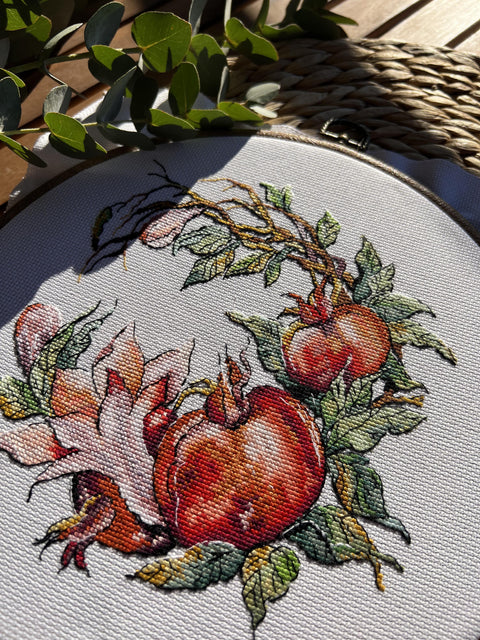 Cross Stitch Kit with Pomegranate Design, Aida Cotton Fabric, Cotton Threads, Needle, Pattern and Instructions, Andriana