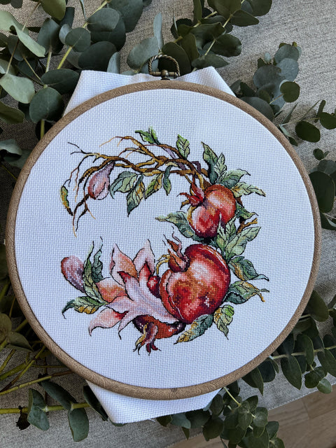 Cross Stitch Kit with Pomegranate Design, Aida Cotton Fabric, Cotton Threads, Needle, Pattern and Instructions, Andriana
