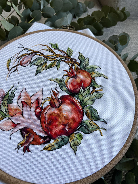 Cross Stitch Kit with Pomegranate Design, Aida Cotton Fabric, Cotton Threads, Needle, Pattern and Instructions, Andriana