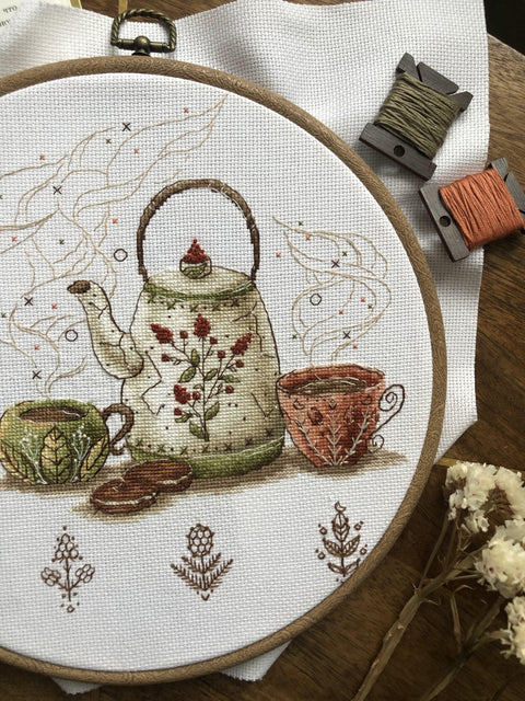 Cross Stitch Embroidery Kit with Tea-Themed Design, Andriana Tea Guardians Pattern, Canvas, Cotton Floss, Needle and Instructions