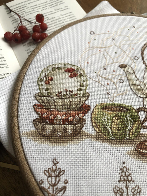 Cross Stitch Embroidery Kit with Tea-Themed Design, Andriana Tea Guardians Pattern, Canvas, Cotton Floss, Needle and Instructions