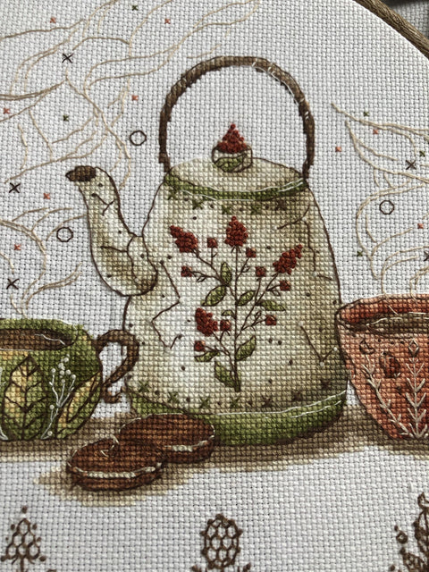 Cross Stitch Embroidery Kit with Tea-Themed Design, Andriana Tea Guardians Pattern, Canvas, Cotton Floss, Needle and Instructions