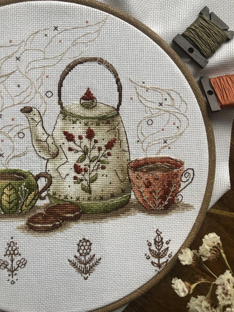 Cross Stitch Embroidery Kit with Tea-Themed Design, Andriana Tea Guardians Pattern, Canvas, Cotton Floss, Needle and Instructions