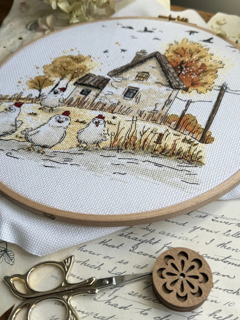 Cross Stitch Kit “Yard Queens” Nature Design, 22.5 x 21 cm, White Aida 16ct, Cotton Threads, 23 Colors, Andriana