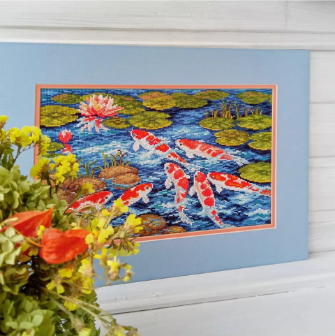 Koi Carp Counted Cross Stitch Kit, Multicolor Design, Aida Fabric, Cotton Threads, Needle, Pattern and Instructions, Andriana
