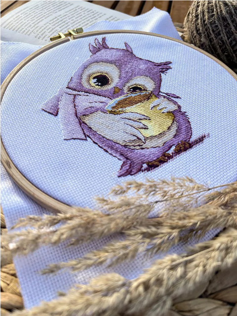 Owl and Coffee Cross Stitch Kit, Aida Fabric, Cotton Threads, Needle and Color Chart by Andriana