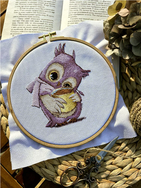 Owl and Coffee Cross Stitch Kit, Aida Fabric, Cotton Threads, Needle and Color Chart by Andriana