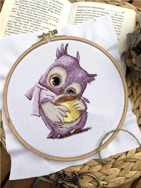 Owl and Coffee Cross Stitch Kit, Aida Fabric, Cotton Threads, Needle and Color Chart by Andriana