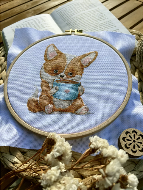 Corgi and Coffee Cross Stitch Kit, Beginner-Friendly Embroidery Set by Andriana, Canvas, Cotton Threads, Needle and Pattern