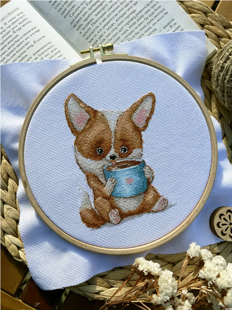 Corgi and Coffee Cross Stitch Kit, Beginner-Friendly Embroidery Set by Andriana, Canvas, Cotton Threads, Needle and Pattern