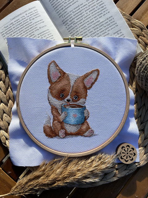 Corgi and Coffee Cross Stitch Kit, Beginner-Friendly Embroidery Set by Andriana, Canvas, Cotton Threads, Needle and Pattern