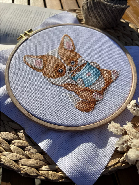 Corgi and Coffee Cross Stitch Kit, Beginner-Friendly Embroidery Set by Andriana, Canvas, Cotton Threads, Needle and Pattern