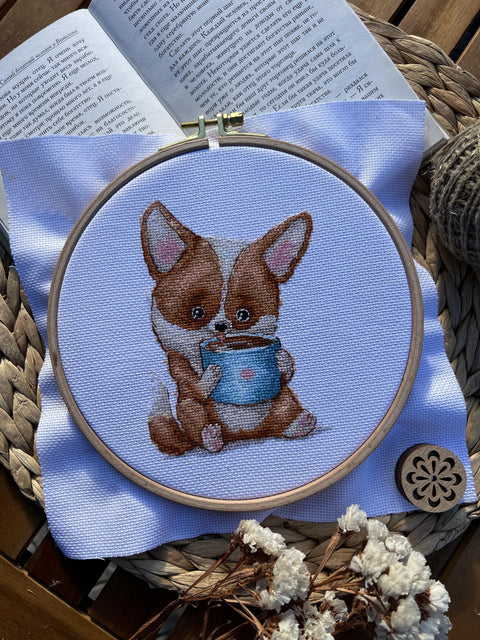 Corgi and Coffee Cross Stitch Kit, Beginner-Friendly Embroidery Set by Andriana, Canvas, Cotton Threads, Needle and Pattern