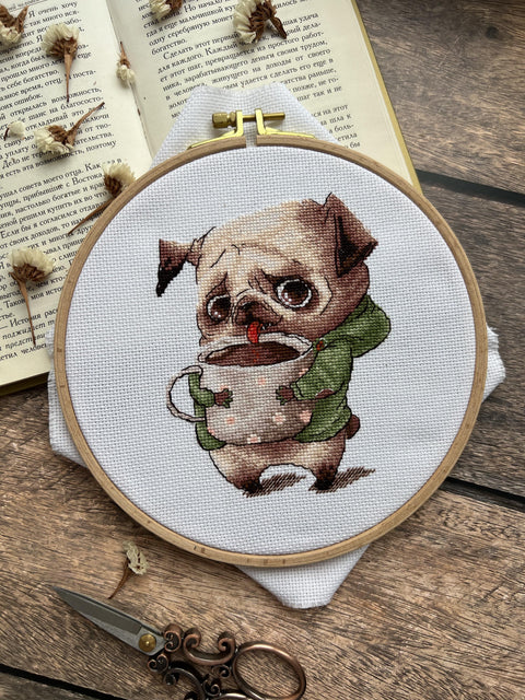 Cross Stitch Kit with Pug and Coffee Lovers Design, Beginner-Friendly Pattern, Canvas, Threads, Needle and Instructions by Andriana