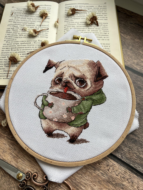 Cross Stitch Kit with Pug and Coffee Lovers Design, Beginner-Friendly Pattern, Canvas, Threads, Needle and Instructions by Andriana