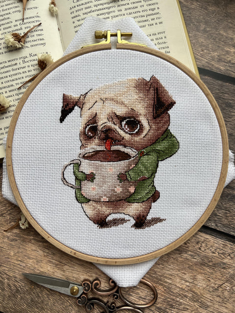 Cross Stitch Kit with Pug and Coffee Lovers Design, Beginner-Friendly Pattern, Canvas, Threads, Needle and Instructions by Andriana
