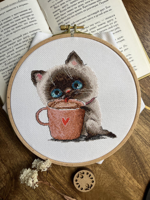 Coffee and Cat Cross Stitch Embroidery Kit, Beginner-Friendly Pattern, Aida Fabric, Threads, Needle & Instructions, Andriana