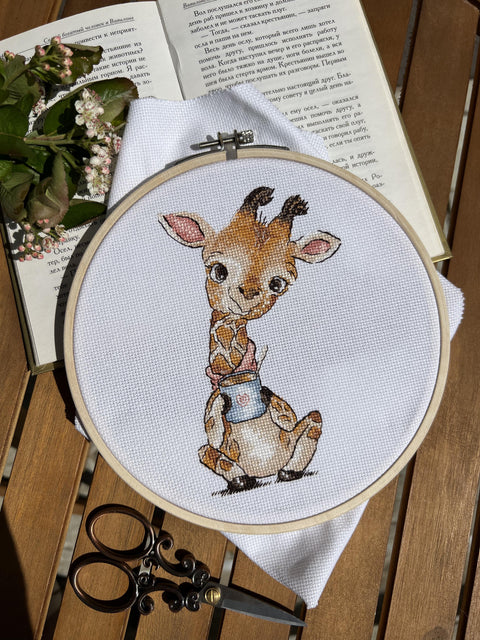 Coffee Lover Giraffe Cross Stitch Kit, Multicolor Embroidery Pattern, Fabric, Threads, Needle, Chart & Instructions, Andriana