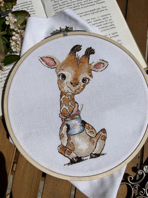 Coffee Lover Giraffe Cross Stitch Kit, Multicolor Embroidery Pattern, Fabric, Threads, Needle, Chart & Instructions, Andriana