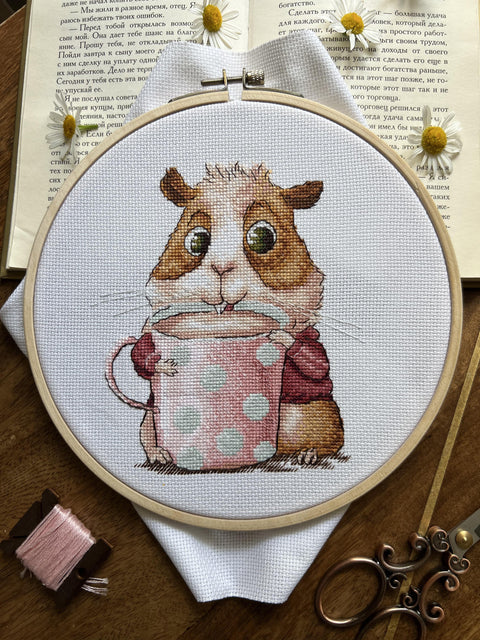 Cross Stitch Kit with Coffee and Guinea Pig Design, Aida Fabric, Cotton Threads, Needle, Chart and Instructions by Andriana