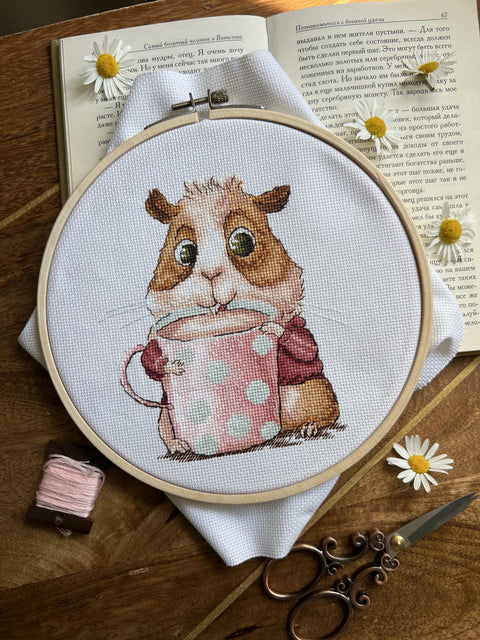 Cross Stitch Kit with Coffee and Guinea Pig Design, Aida Fabric, Cotton Threads, Needle, Chart and Instructions by Andriana