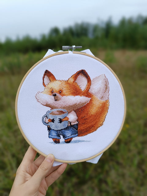 Fox Coffee Cross Stitch Kit with Aida Fabric, Threads, Needle, Chart & Instructions, Andriana