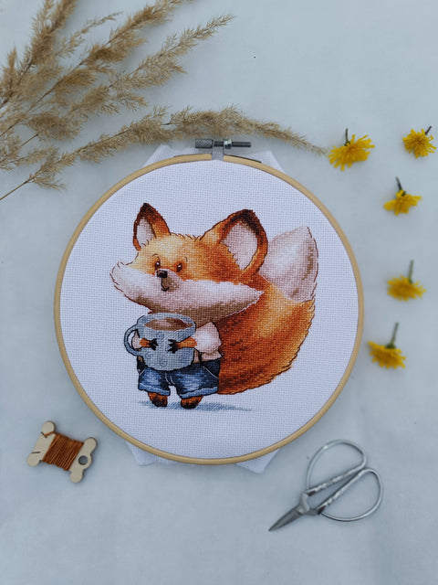Fox Coffee Cross Stitch Kit with Aida Fabric, Threads, Needle, Chart & Instructions, Andriana