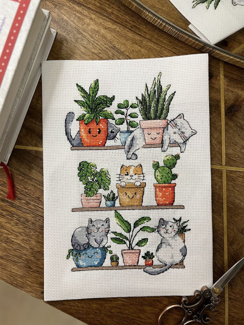 Cross Stitch Kit Cats and Flowers, Andriana Embroidery Set, 15 × 23 cm, Home Decor Project for Beginners and Advanced Crafters