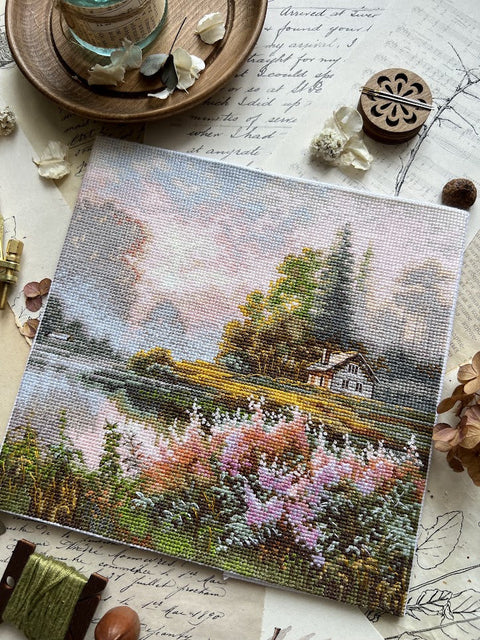 Cross Stitch Embroidery Kit, Misty Landscape Design, 19x19 cm, Aida Fabric, Cotton Threads, Intermediate, Andriana