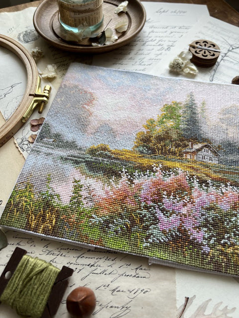 Cross Stitch Embroidery Kit, Misty Landscape Design, 19x19 cm, Aida Fabric, Cotton Threads, Intermediate, Andriana